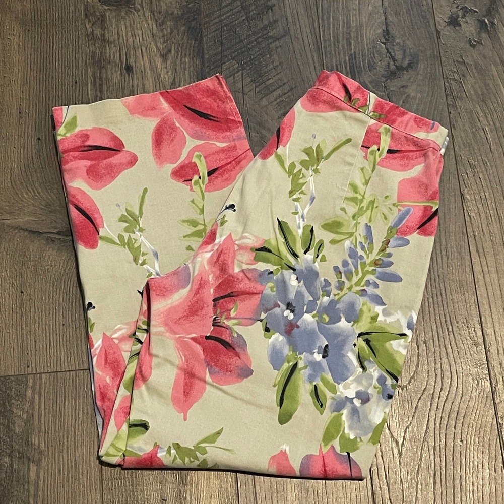 Maren Vintage 90s Floral High Waisted Stretch Straight Leg Pants Sage Pink 26x23